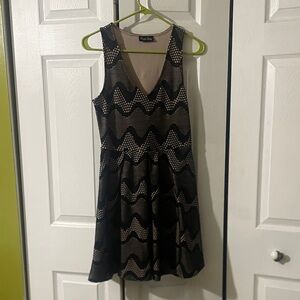 Skater Dress with Wave Lace Overlay - Black/Tan